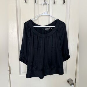 Guess Silk Blend Peasant Blouse Black 3/4 Sleeve Gathered Top Size Large